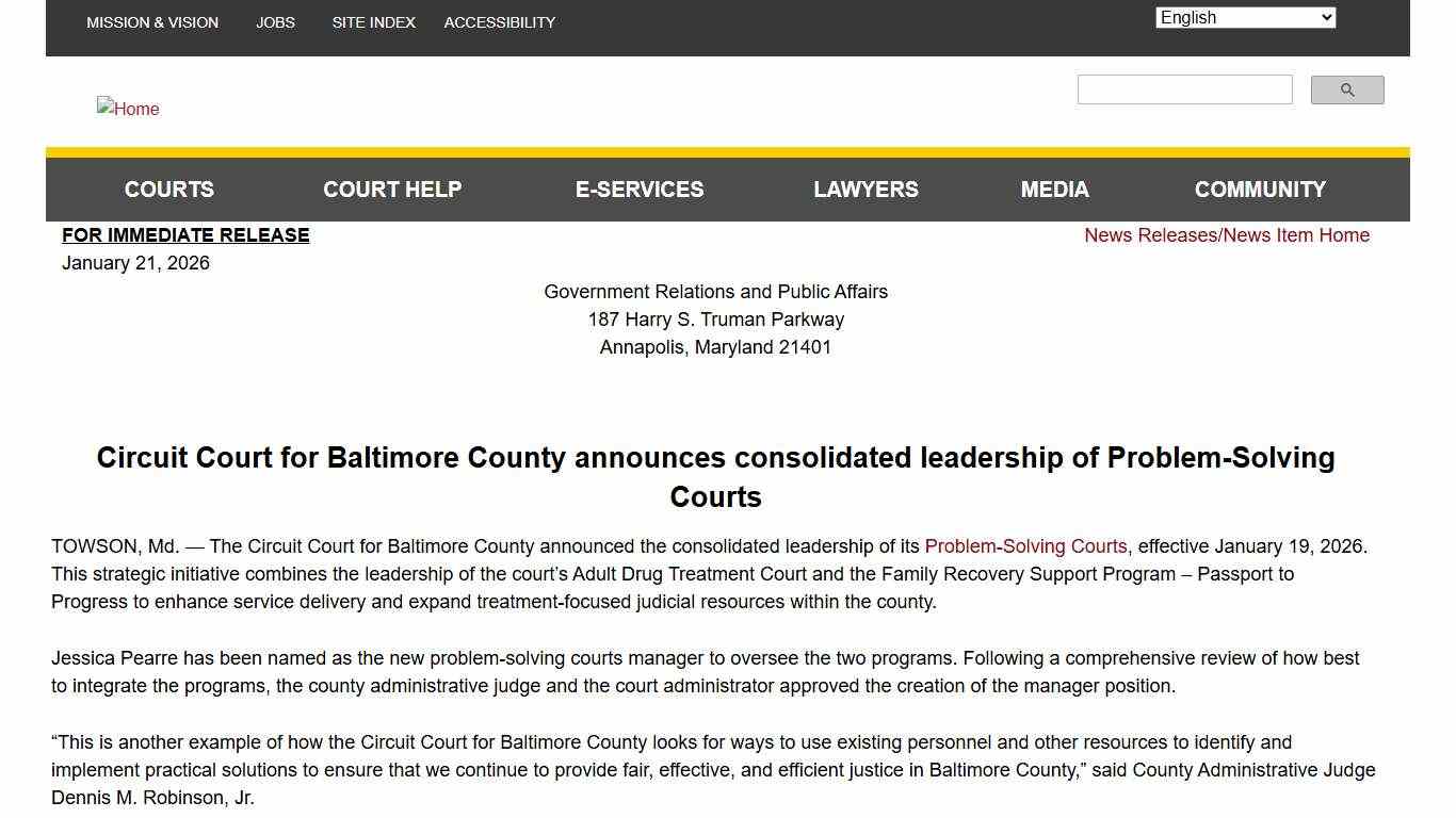 Circuit Court for Baltimore County announces consolidated leadership of Problem-Solving Courts Maryland Courts